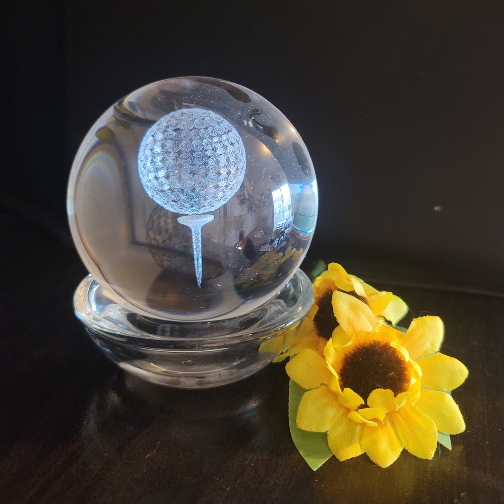 2 Pc. Round Crystal Glass Sphere, Ball, Orb Golf Ball Art Piece w/Stand/ Holder